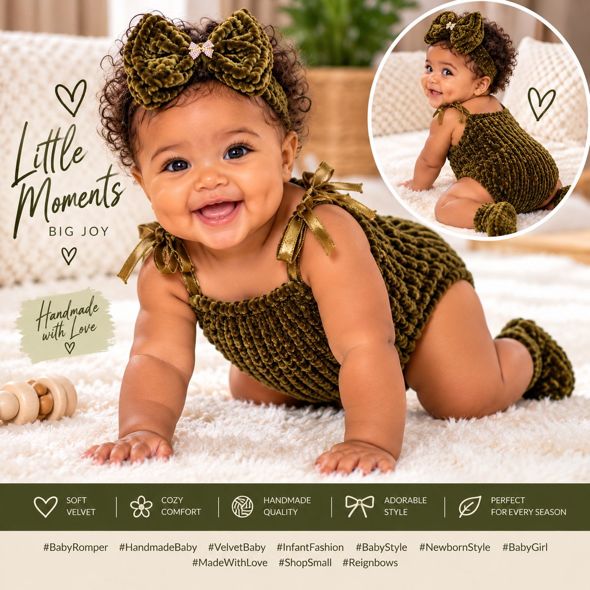 Olive Green and Gold Baby Romper with Bow and Booties