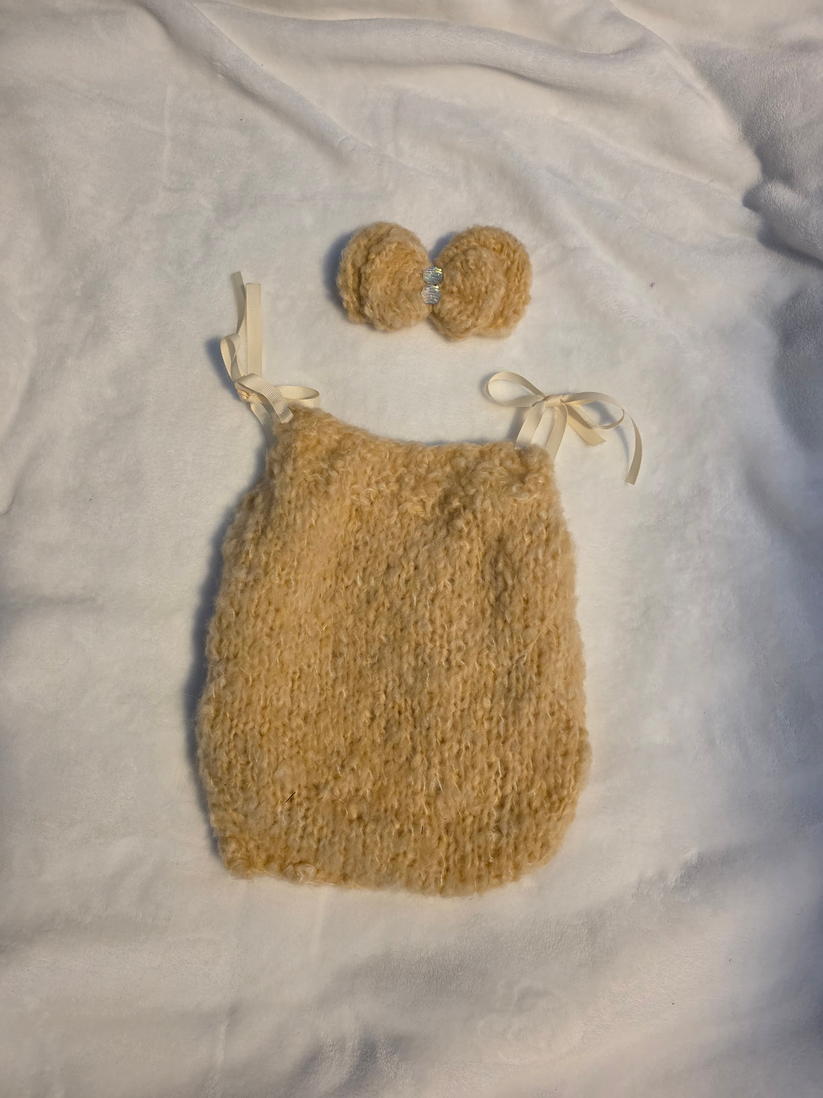 Cream Wool Blend Romper and Double Bow set