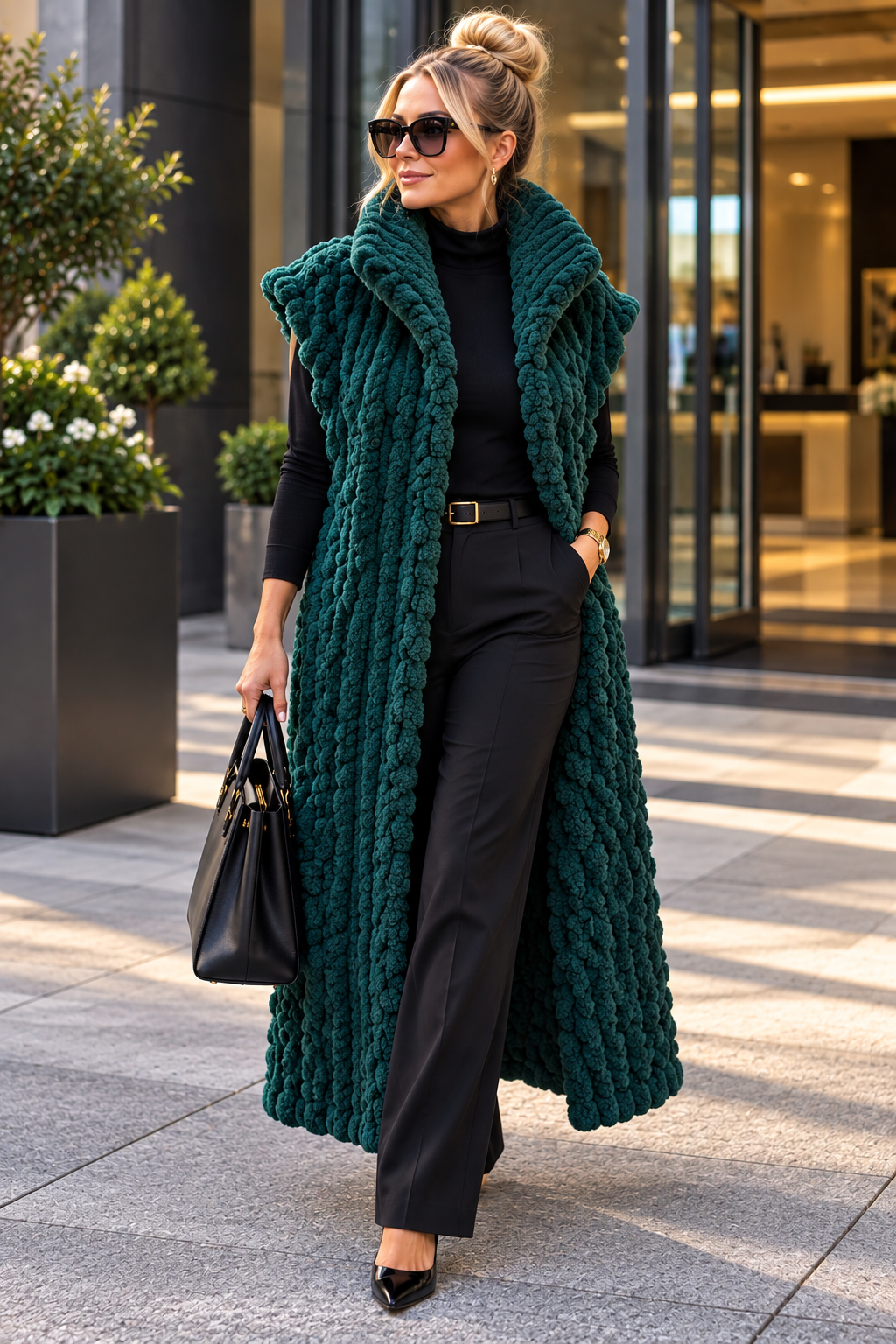 Green Full Length Sleeveless Chunky Knit Jacket with Short Collar