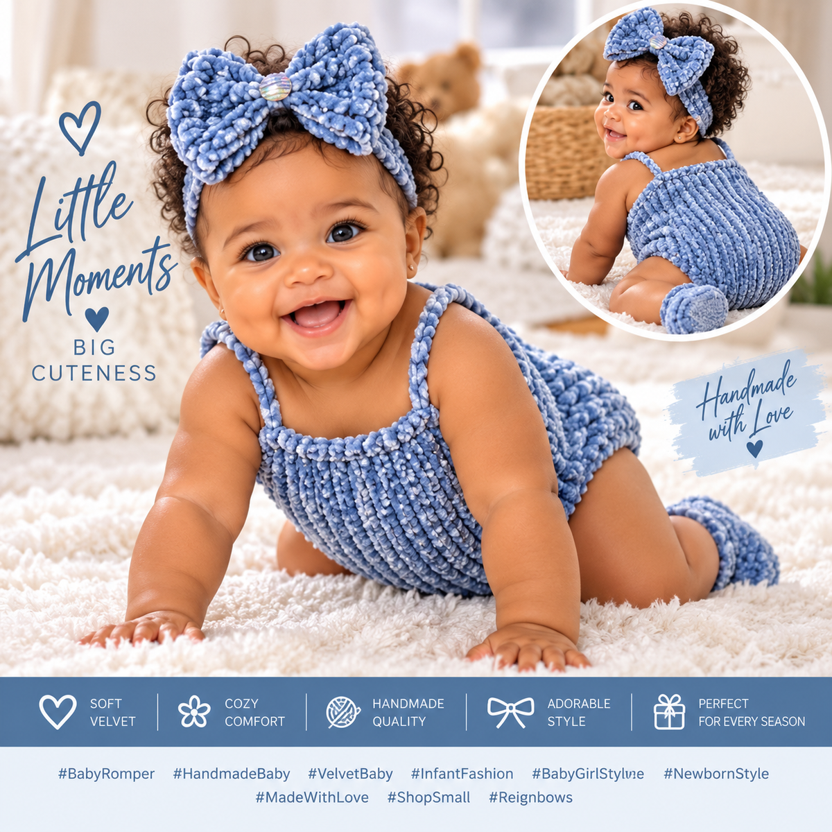 Ice Blue Velvet Romper Bow and Booties