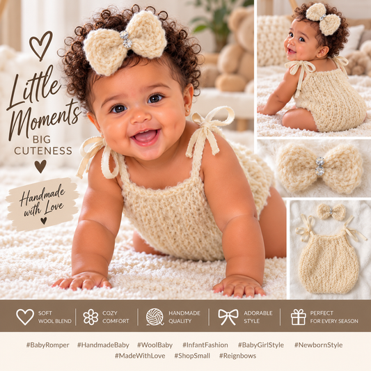 Cream Wool Blend Romper and Double Bow set