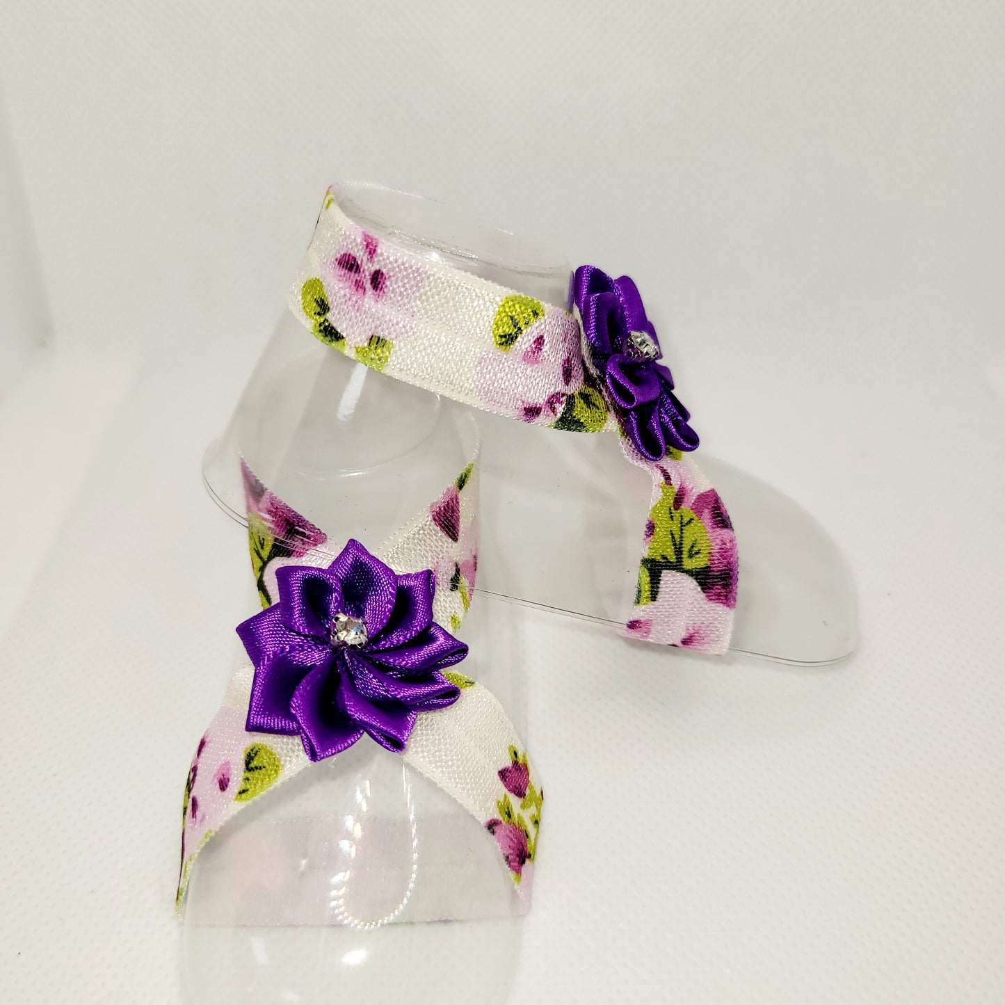 Floral Barefoot Sandals with Satin Purple Floral Center