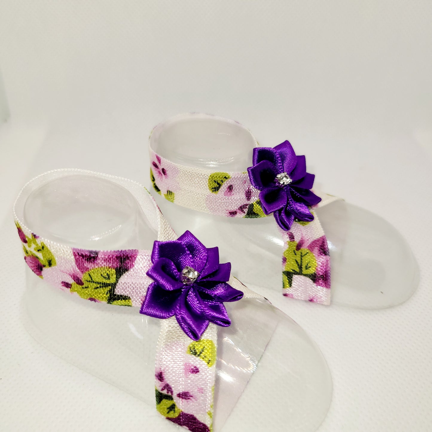 Floral Barefoot Sandals with Satin Purple Floral Center