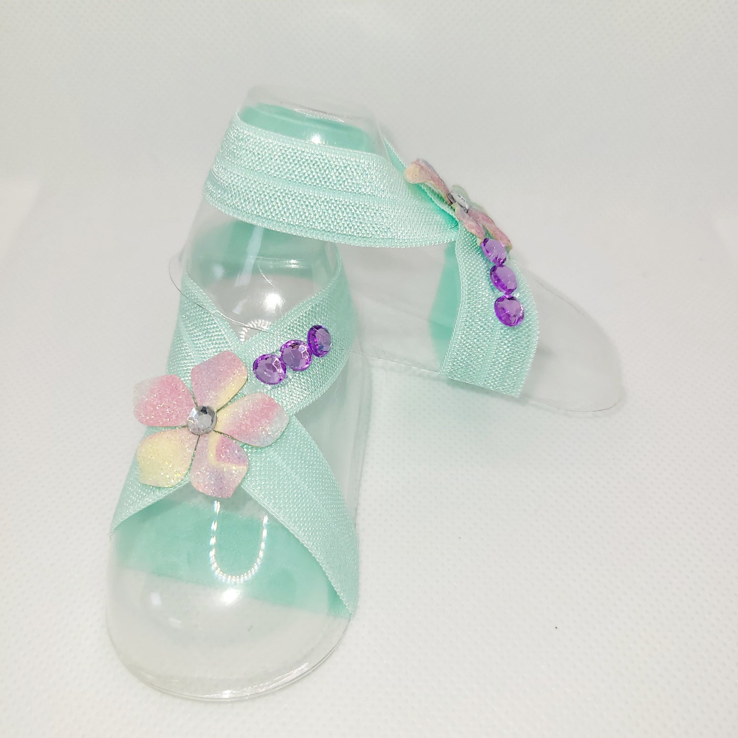 Aqua Barefoot Sandals with Rainbow Flower and Purple Rhinestones