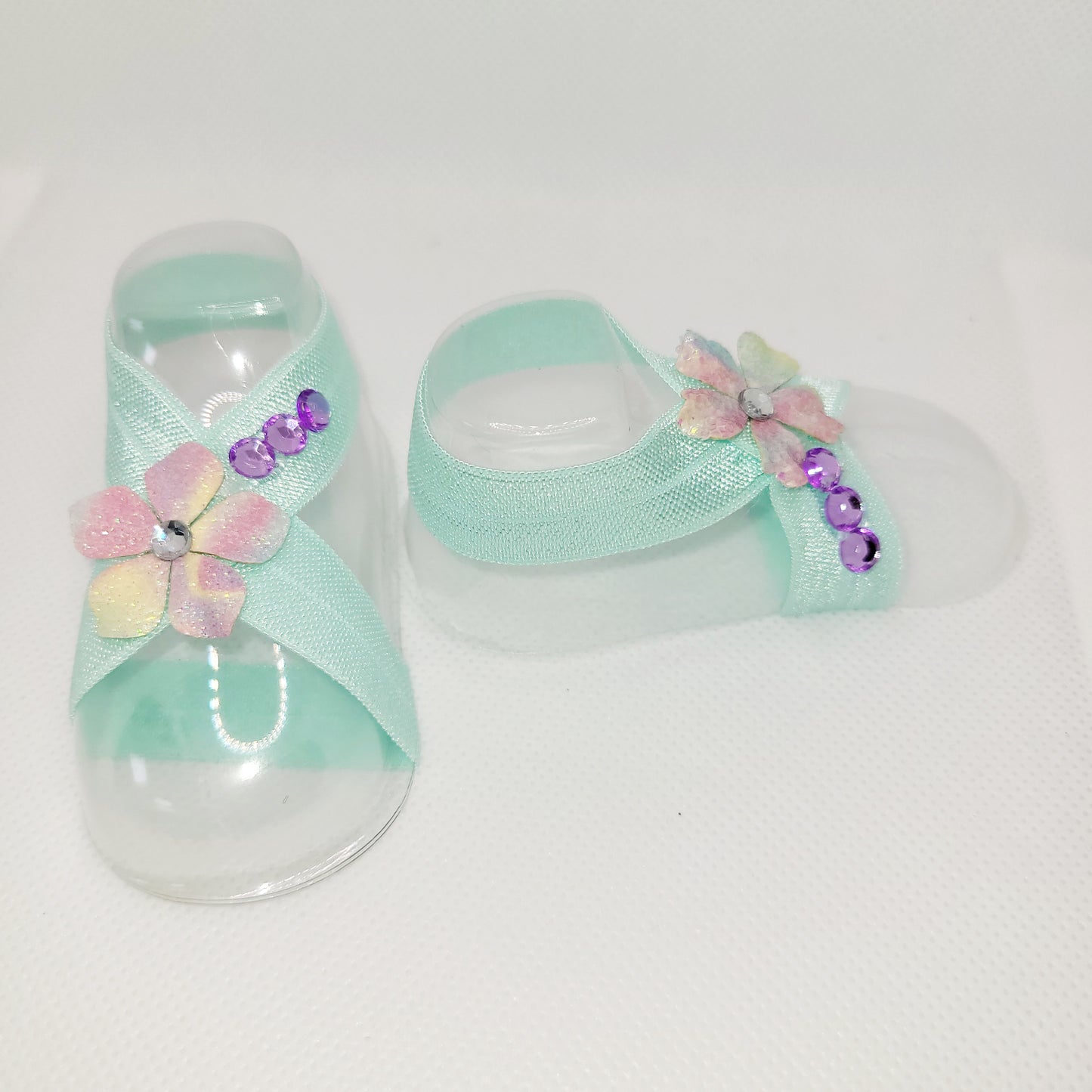 Aqua Barefoot Sandals with Rainbow Flower and Purple Rhinestones