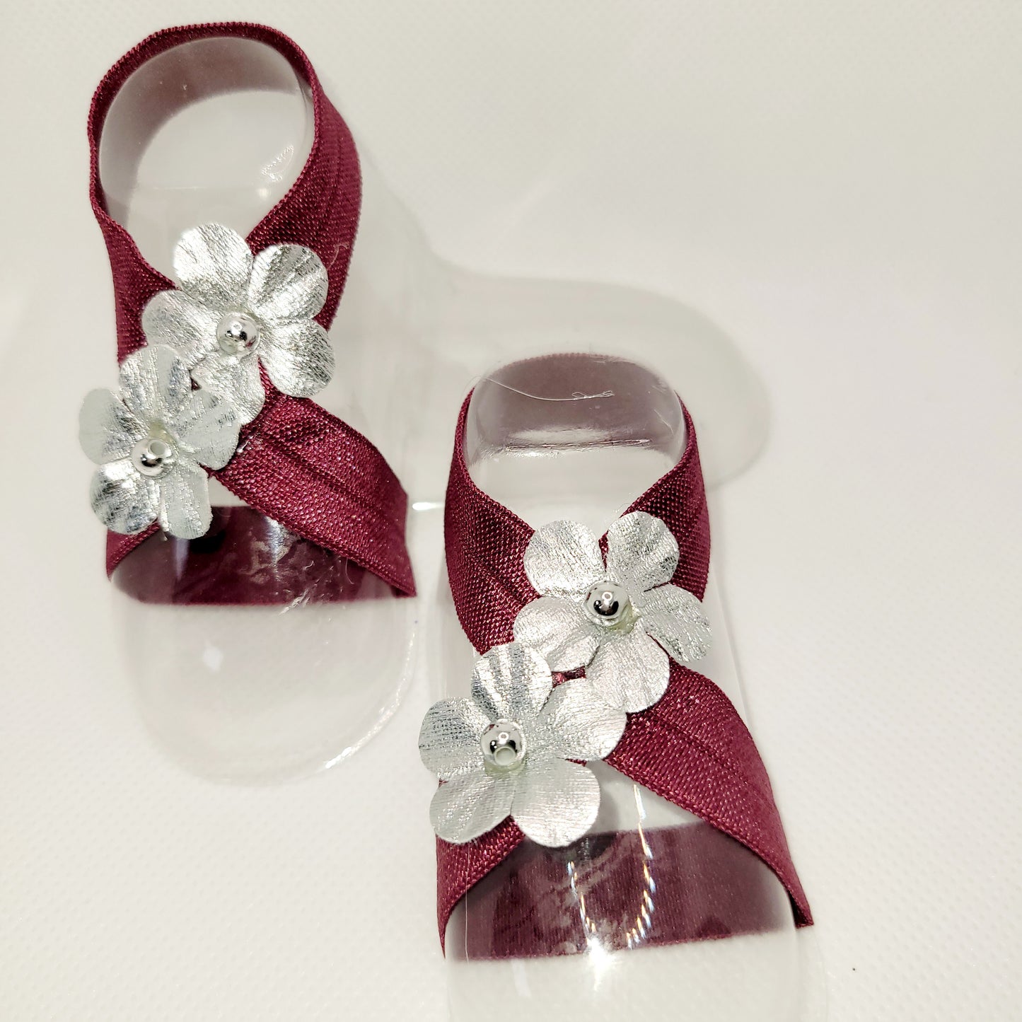 Burgundy and Gray Barefoot Sandals For Baby Girl