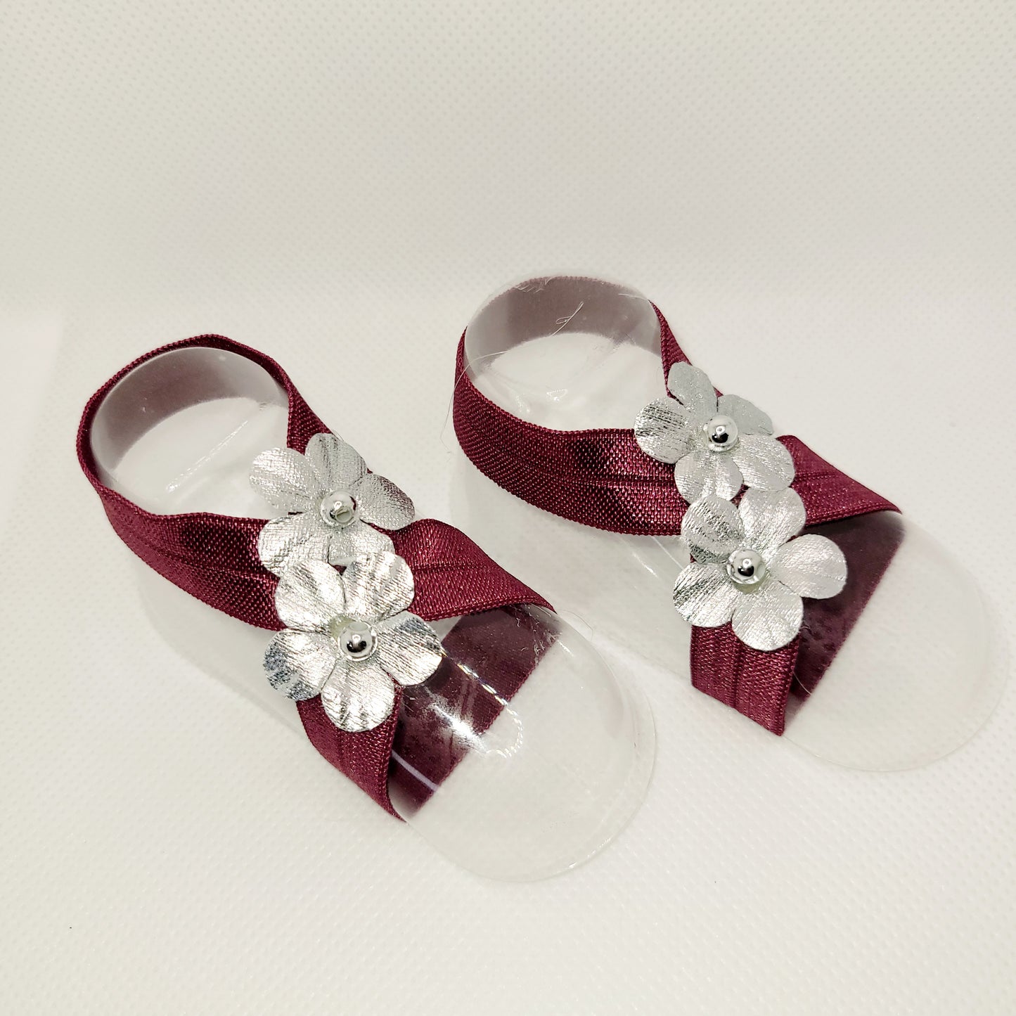 Burgundy and Gray Barefoot Sandals For Baby Girl