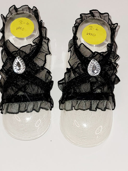 Black Ruffle Ribbon Gemstone Detail Barefoot Sandals