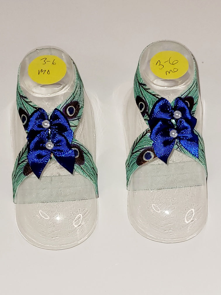 Peacock Print Blue Bow Barefoot Sandals